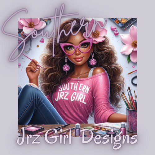 Realistic cartoon graphic of a light brown skin woman with long curly brown hair wearing pink cateye glasses and a pink off the shoulder sweatshirt that says Southern JRZ GIRL. She is sitting at a crafting desk. The background is light gray with pink flowers. The logo Southern Jrz Girl Designs is on the image.