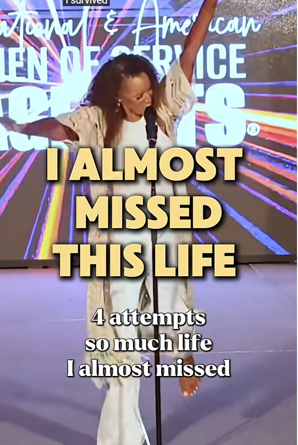 Suicide survivor Phoebe Harris celebrating on stage with text reading “I Almost Missed This Life” and “4 attempts, so much life I almost missed.